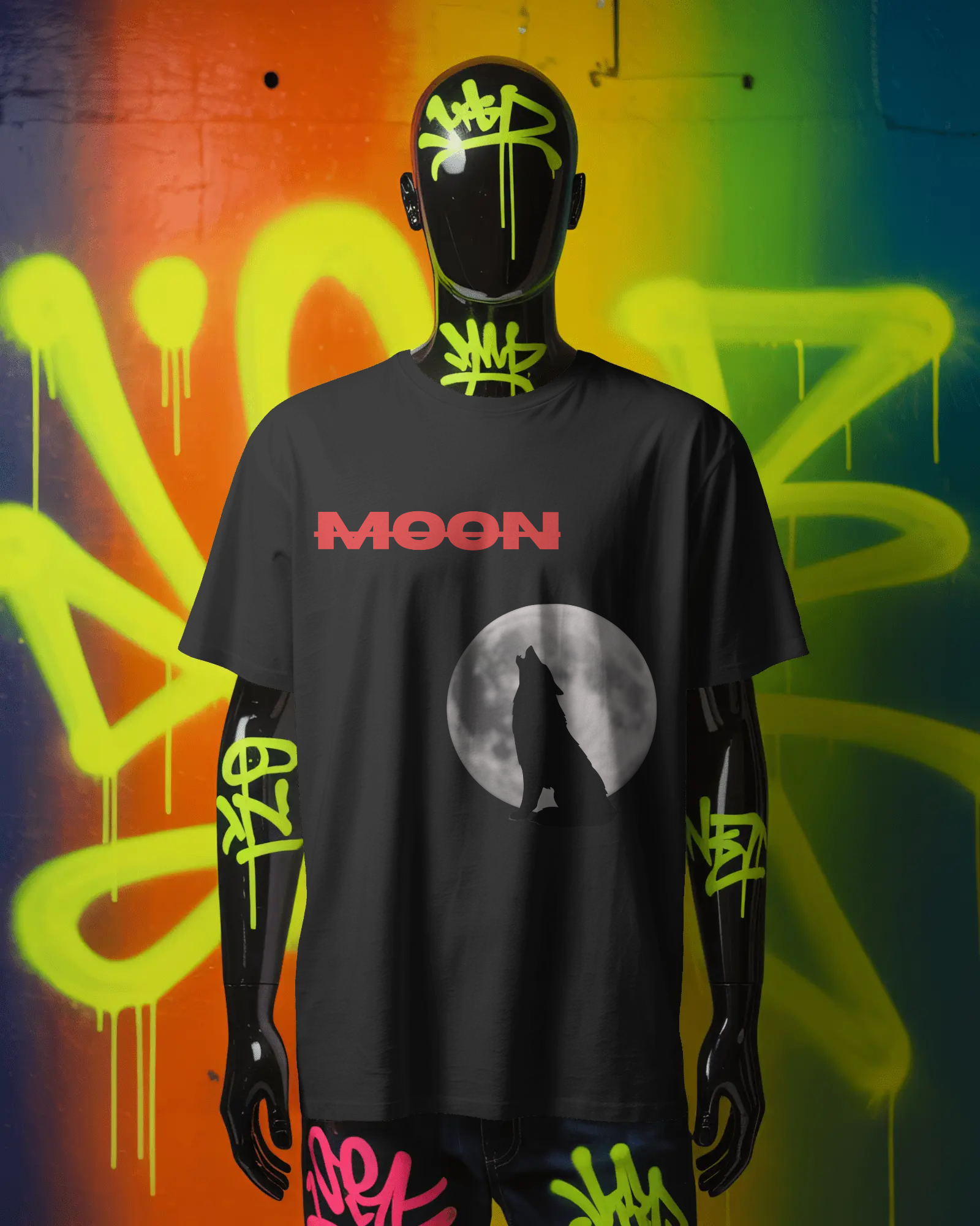 Moon Wolf Graphic Oversized Black T-Shirt | Streetwear Unisex Cotton Tee