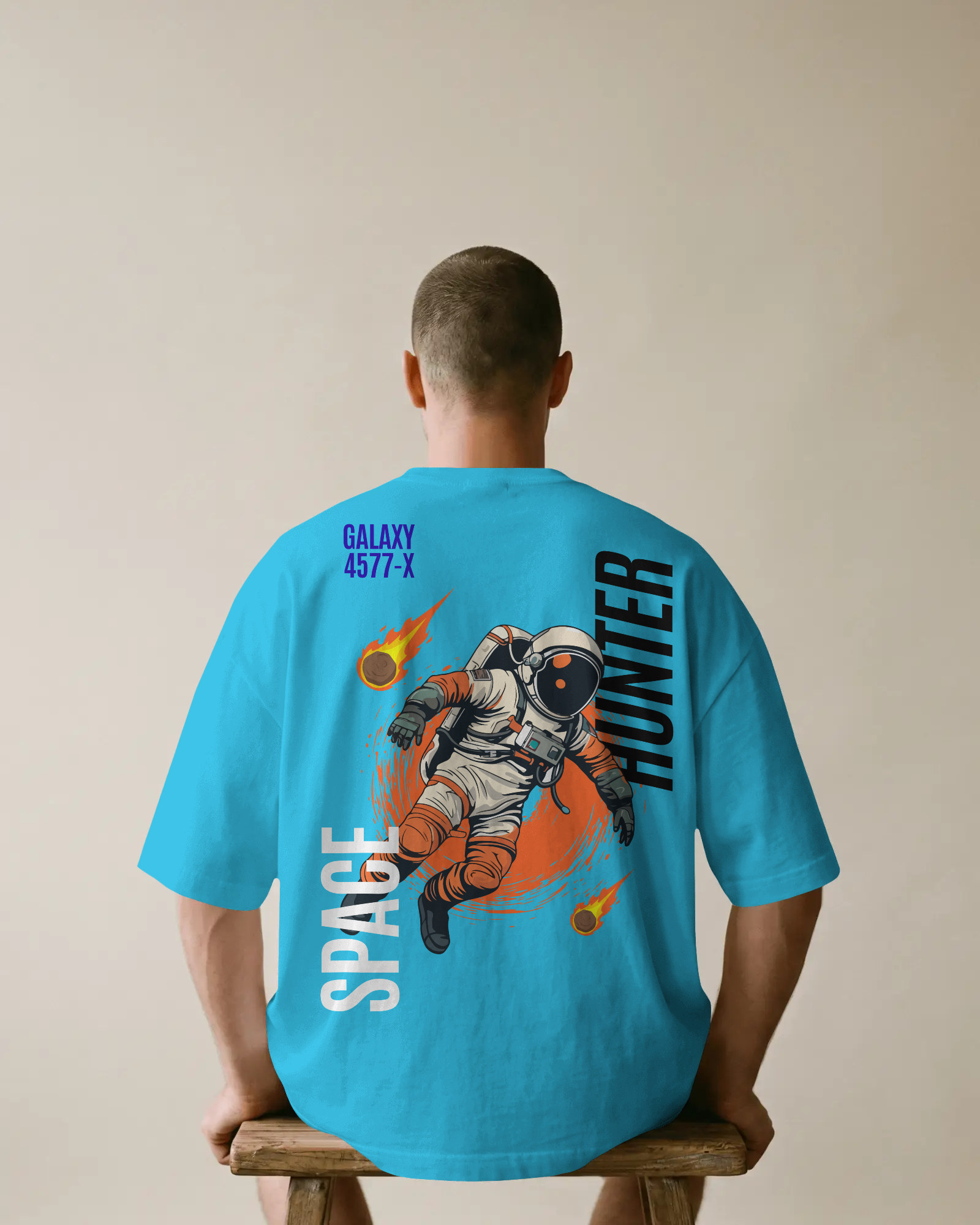 Galaxy 4577-X Space Hunter Sky Blue T-Shirt | Astronaut Back Print Streetwear Tee