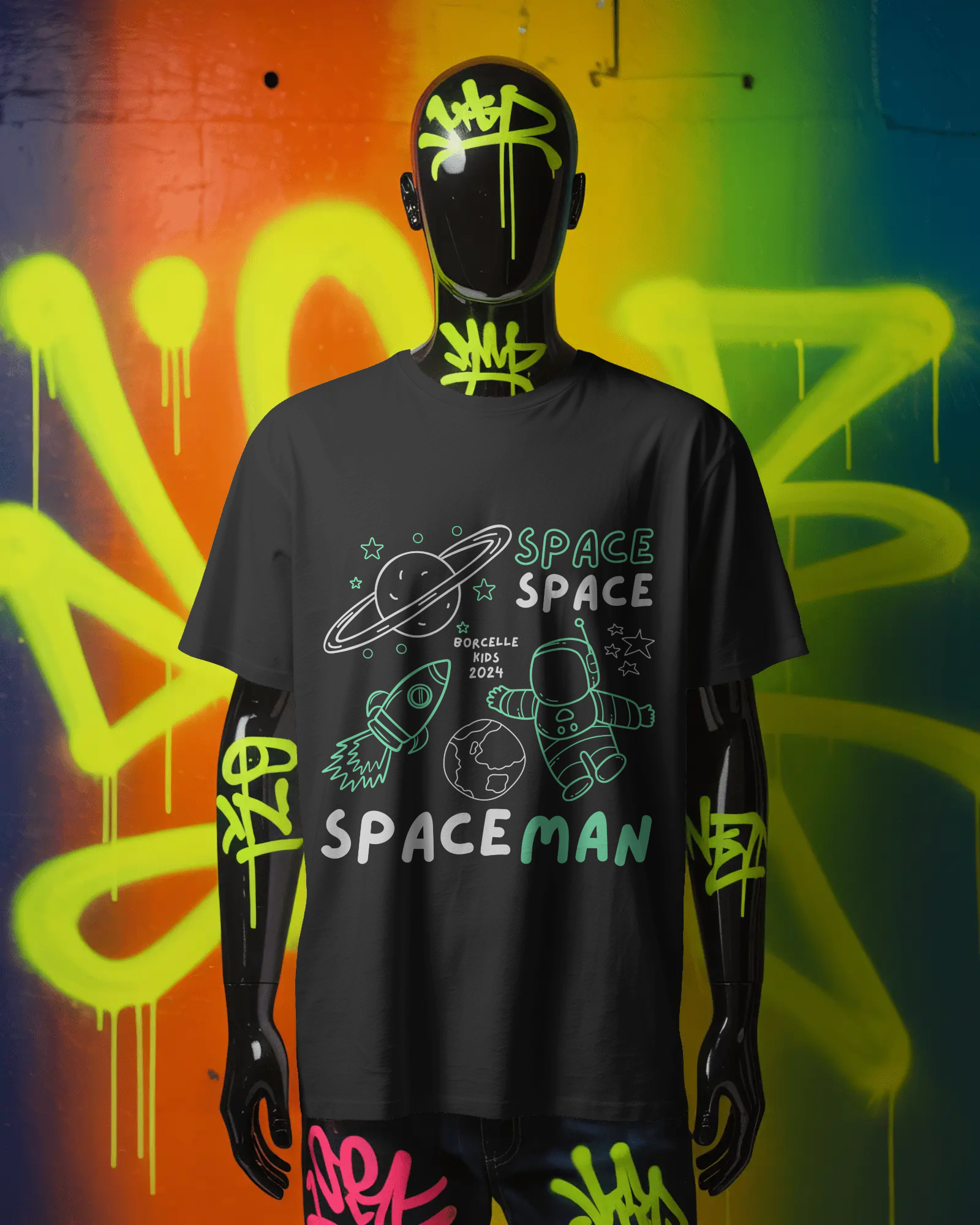 Space Man Graphic Black T-Shirt | Kids & Unisex Cotton Printed Tee