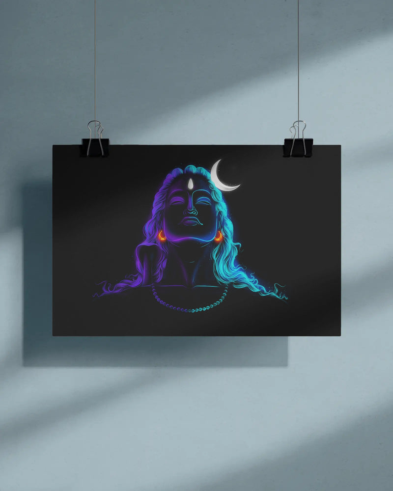 Adiyogi Shiva Neon Art Poster – Cosmic Meditation Wall Decor