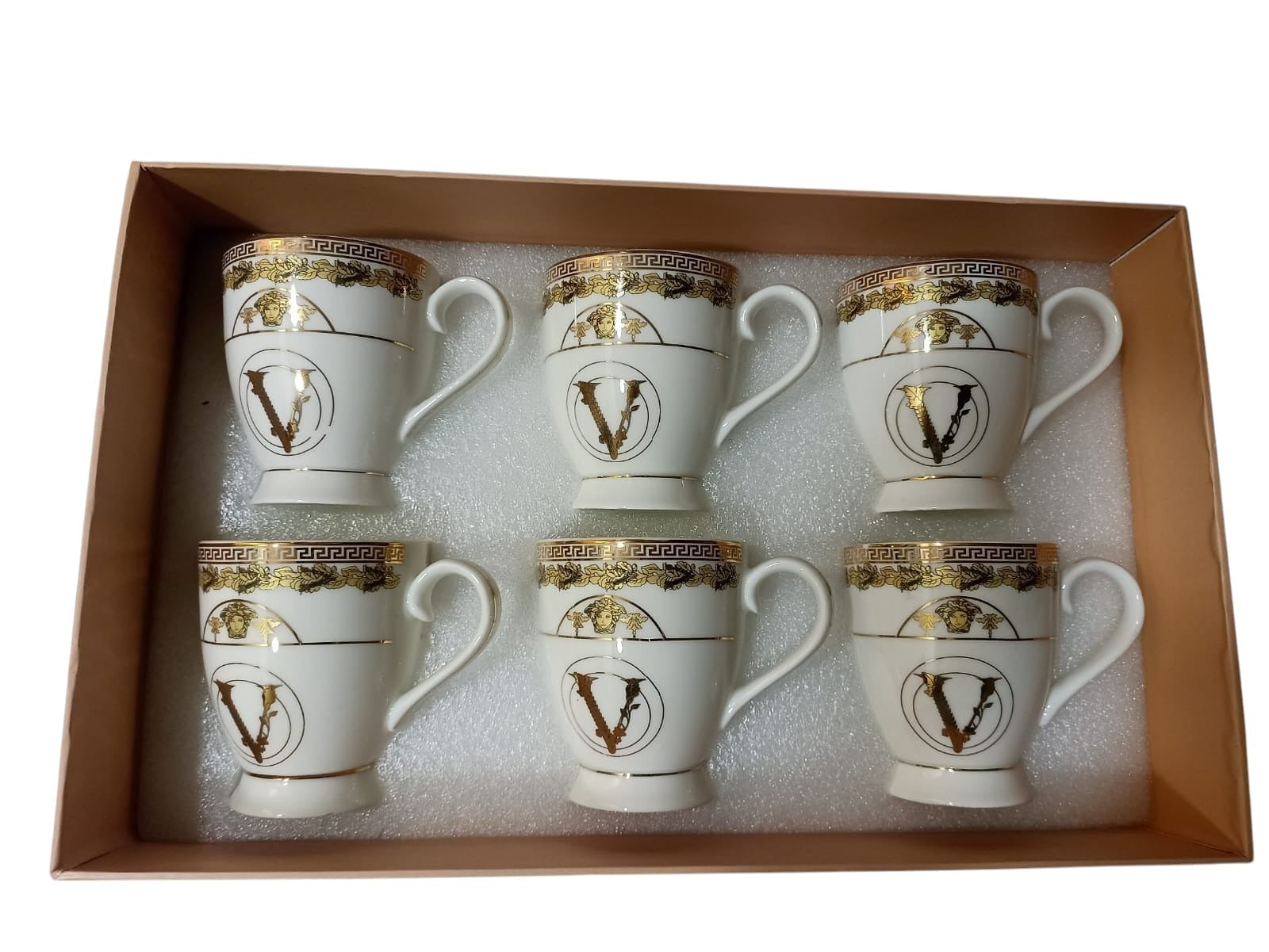 Tea cup with Gold Greek Pattern, set of 6, white