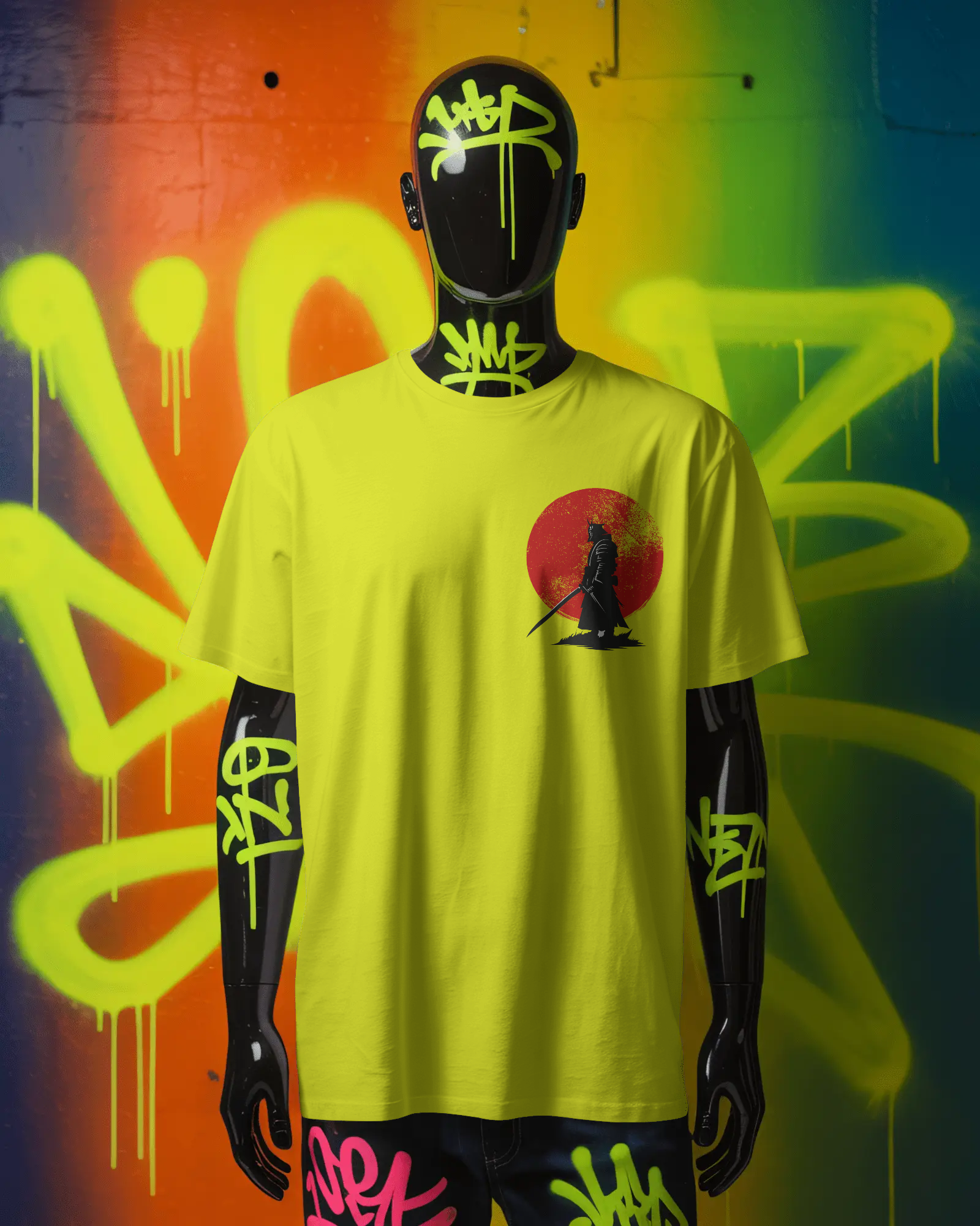 Samurai Sunset Graphic Neon Yellow T-Shirt | Streetwear Unisex Cotton Tee