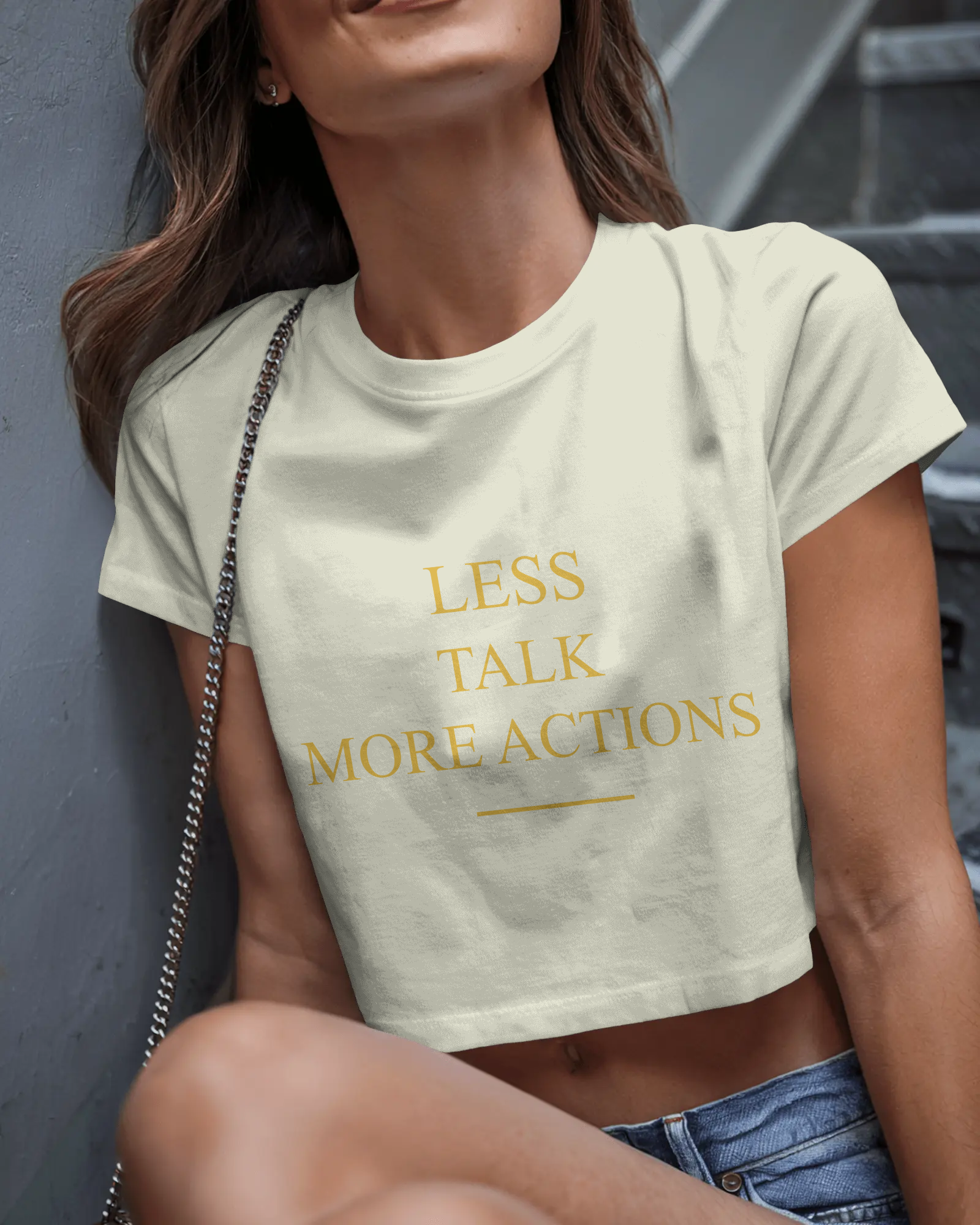 Less Talk More Actions Women Crop Top – Motivational Minimal Graphic Tee