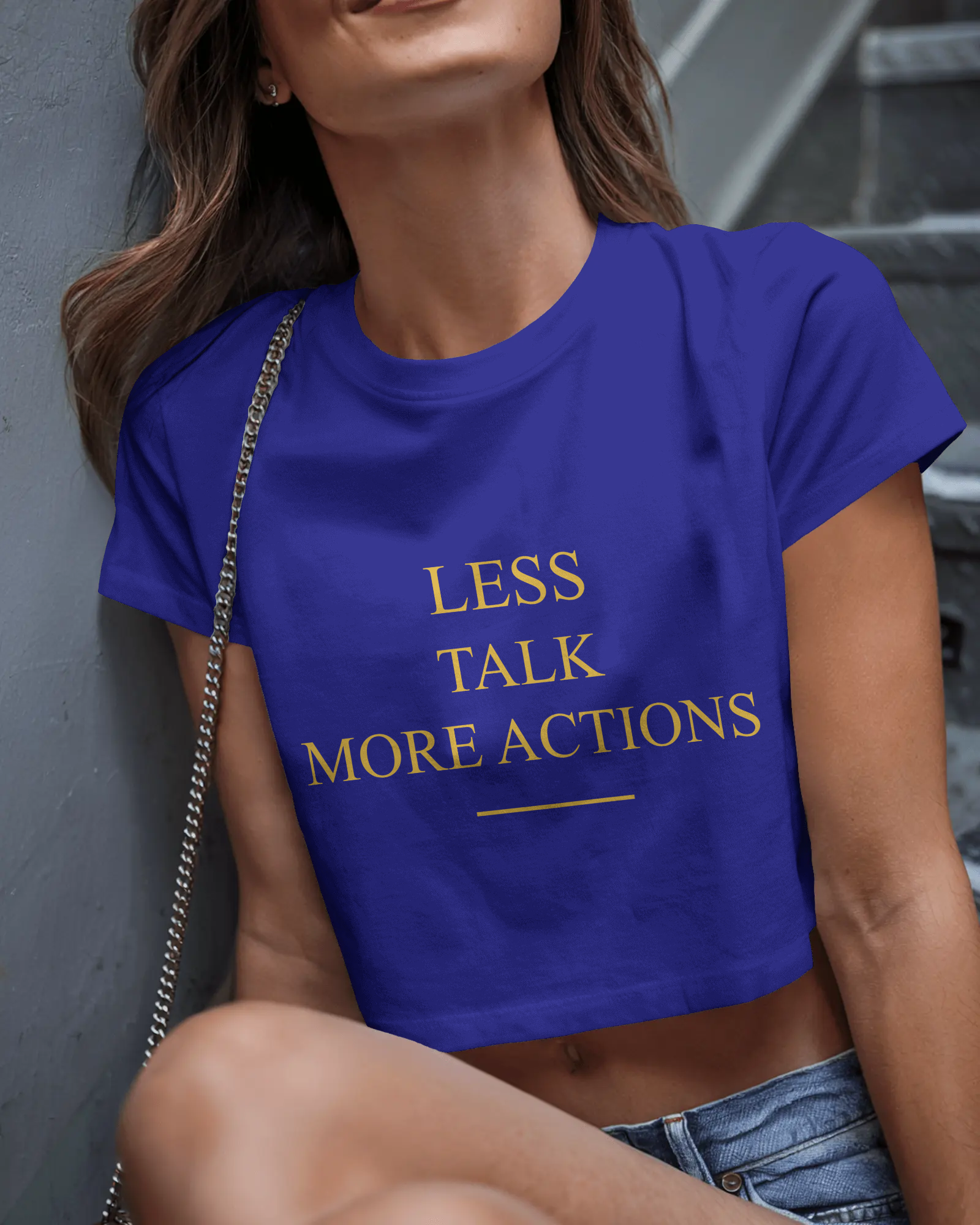 Less Talk More Actions Women Crop Top – Motivational Minimal Graphic Tee