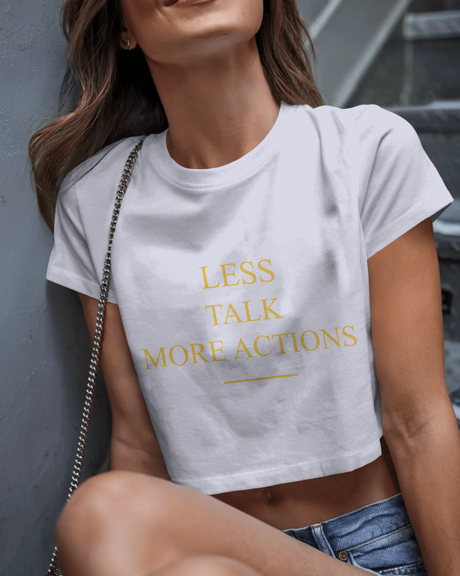 Less Talk More Actions Women Crop Top – Motivational Minimal Graphic Tee